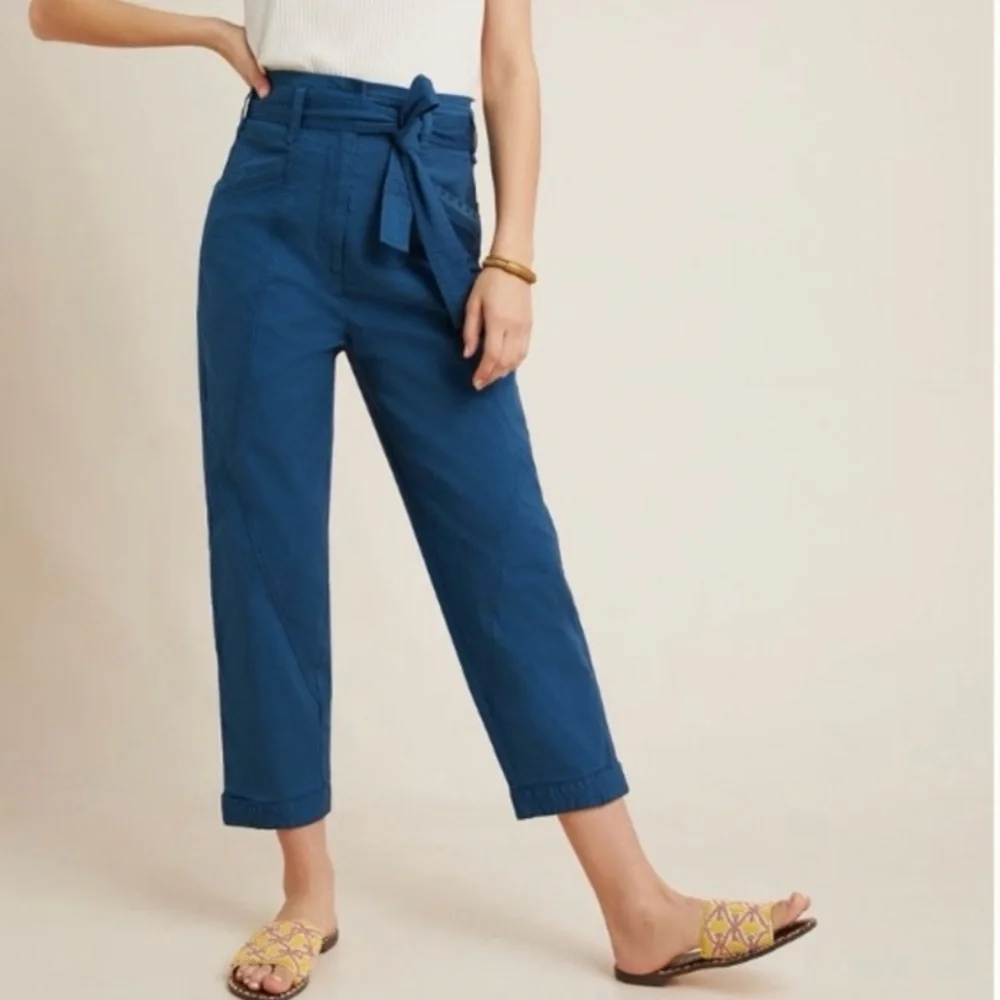 Anthropologie High Waist Tie Belt Utility Pants Size 0 Turquoise Cropped